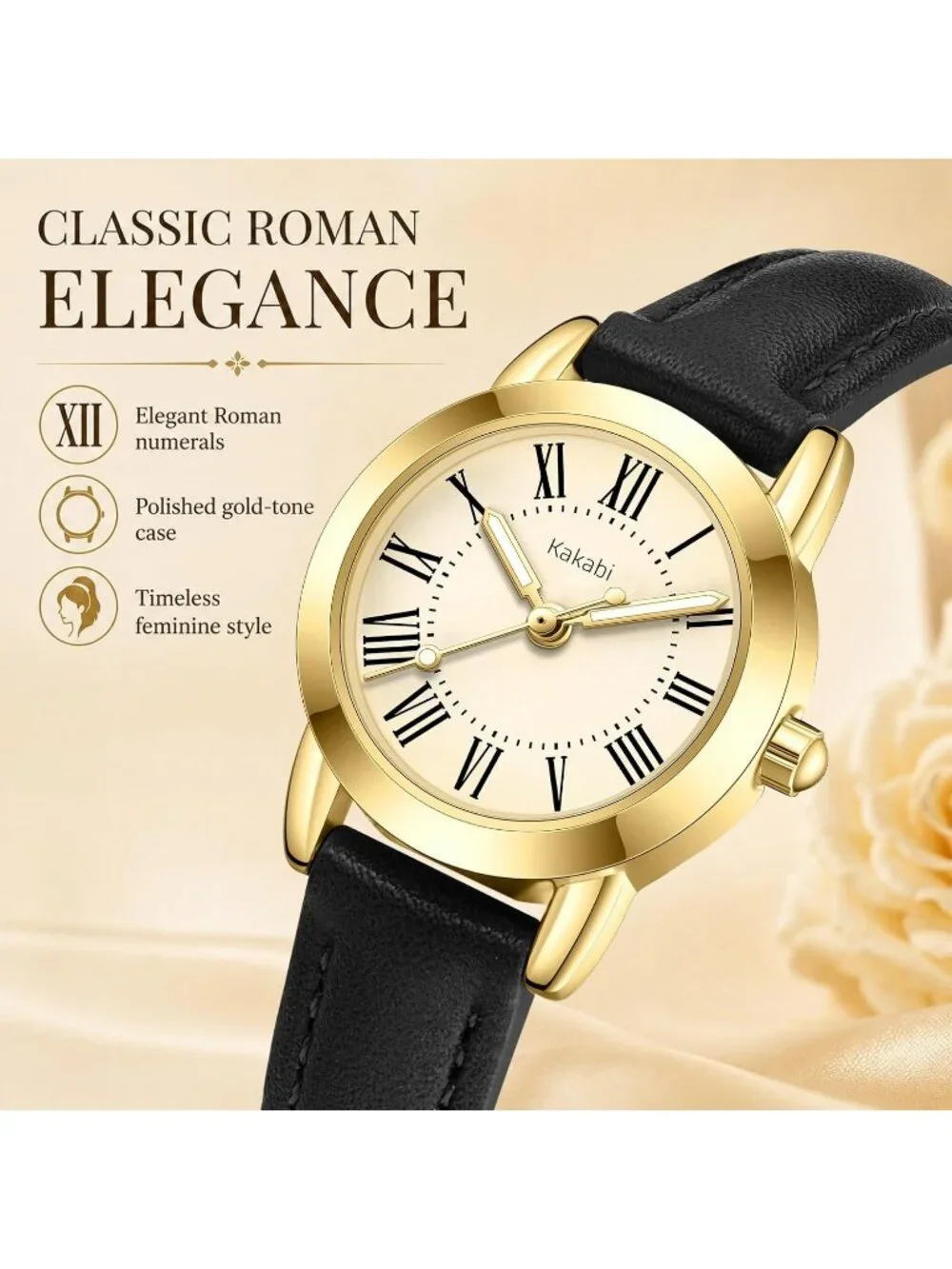 Women's Black Gold Vintage Analog Slim Leather Strap Quartz Movement Wristwatch